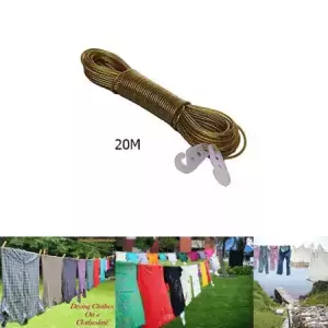 20 Meters Clothesline Laundry Wet Rope Pvc Coated Strong Metal Wire For Clothes Rope Wire ( With Hooks )